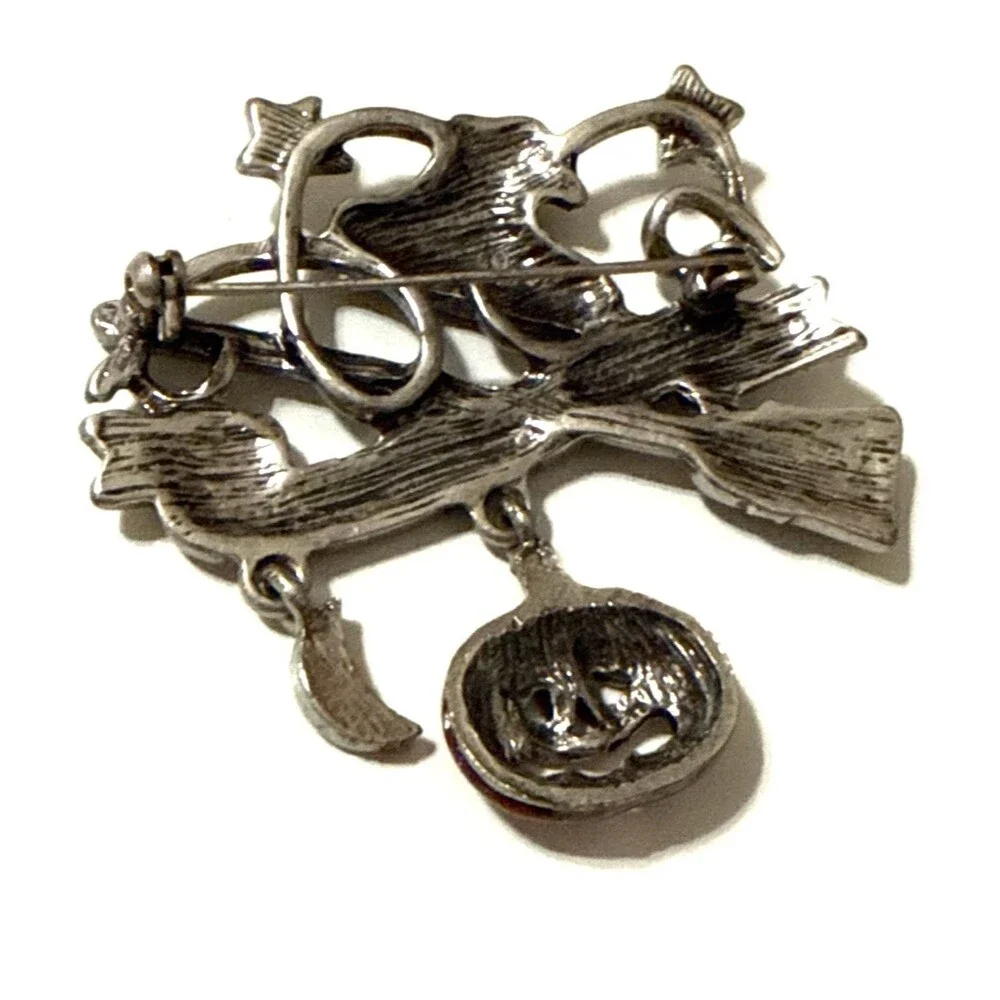 TRICK OR TREAT Pewter Tone Pin Brooch Witch Hat Broom Pumpkin Moon Dangle Charms